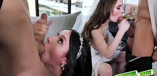  Alluring brides Hazel Moore and Jazmin Luv ask thier dads to show them the ropes to have a thick cock inside their cunts